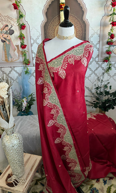 Lightweight Pure Tussar Silk Saree | Zardosi Pita Zari Work | Maroon | Hand Embroidery | Ships from California
